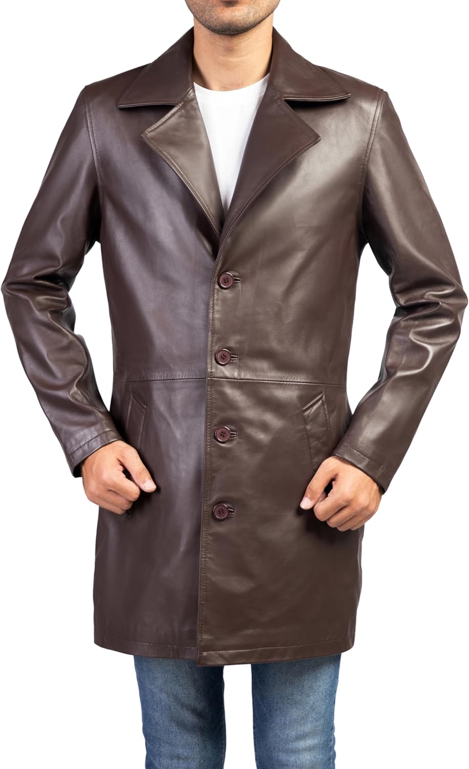 Jild Leather Trench Coat Men - 3/4 Length Casual Car Coat Style Lambskin Long Leather Jacket Men - Image 7