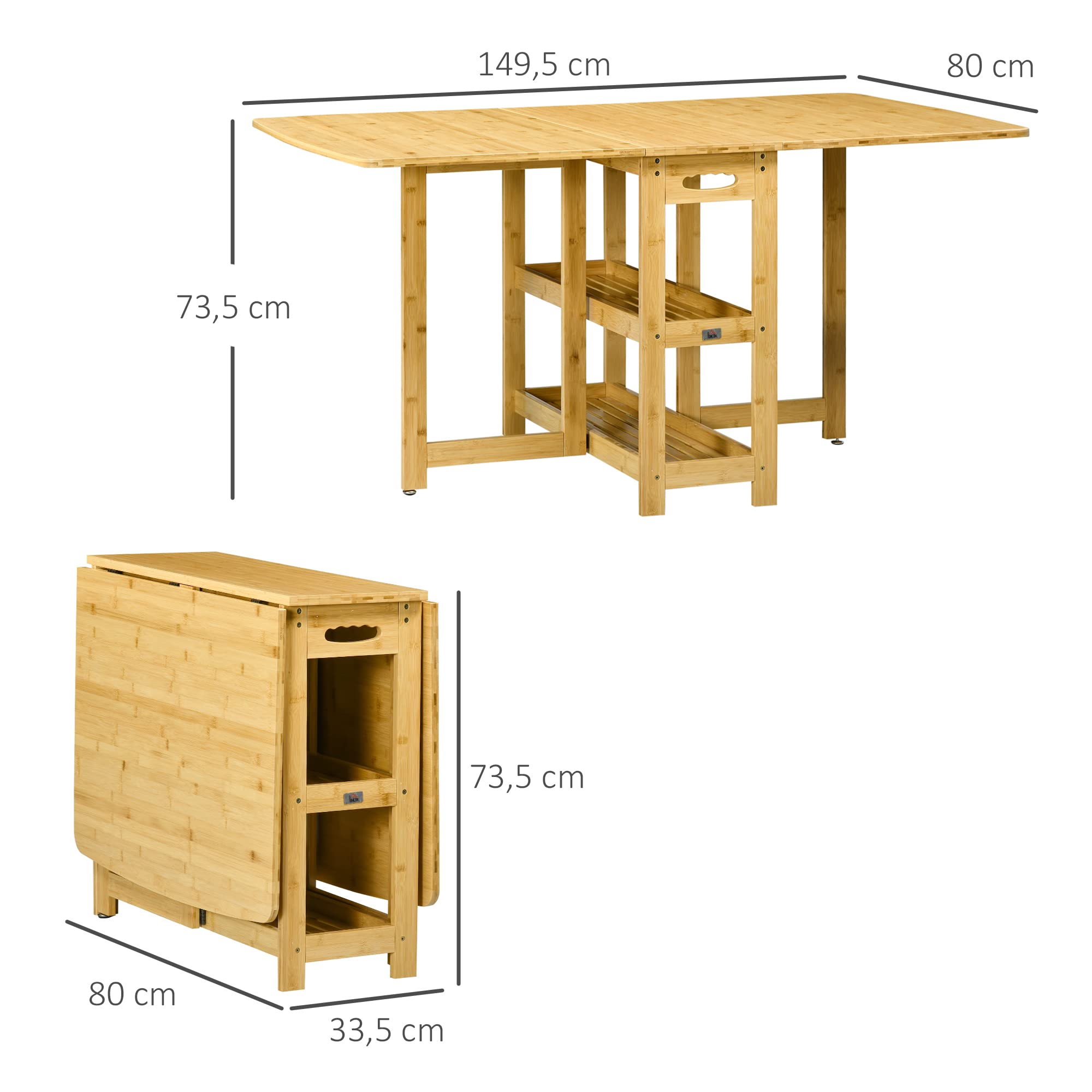 HOMCOM Stół Składany do Jadalni i Kuchni ze Schowkami, Stolik Kawowy z Regulowanymi Nóżkami, Styl Wiejski, Bambusowe Naturalne Drewno, 149,5 x 80 x 73,5 cm