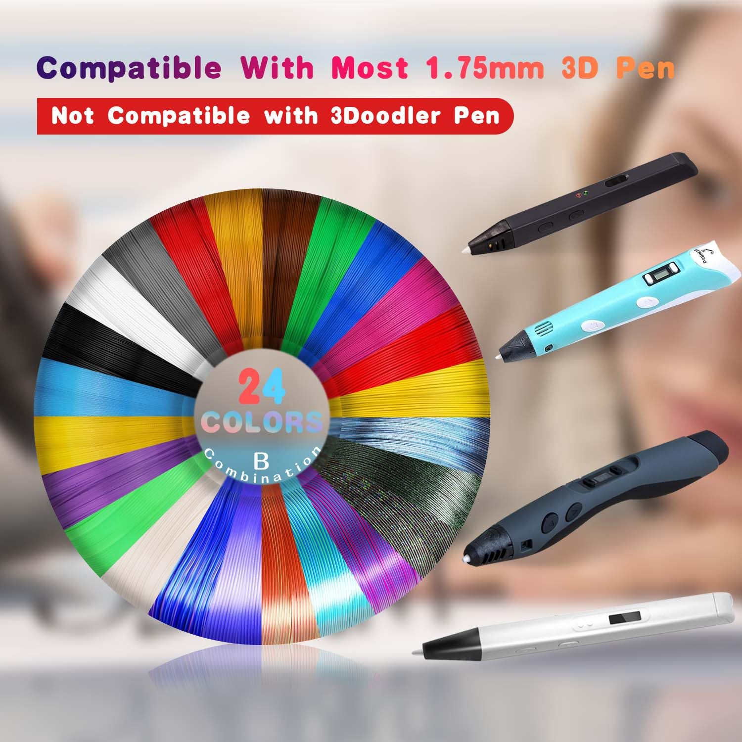 YOUSU Filamento 3D Penna 24 Colori, Filamenti Penna 3D, Ricariche Penna 3D, 3 metri per ogni colore, Total 236.22 Feet, filamento PLA per penna 3D 3d pen, Fili PLA per Penna 3D