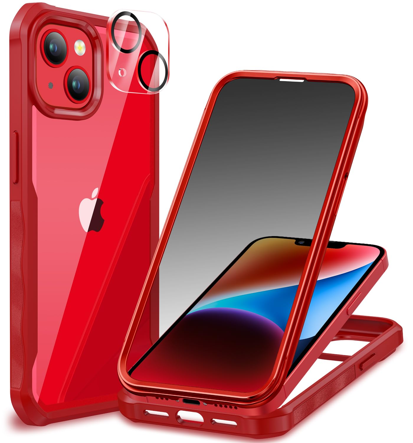 CENHUFO Privacy Cover iPhone 14/iPhone 13, Custodia Antiurto con Protezione Schermo Vetro Temperato Anti Spia e Pellicola Fotocamera [9H HD] 360 Gradi Rugged Fronte Retro Case Doppia Bumper -Rosso