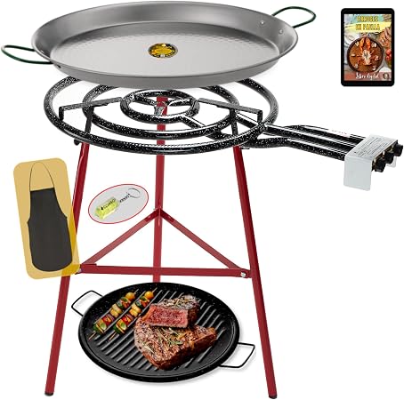 Kit Réchaud Gaz Paella 60cm + 2 Poêles Acier (42cm & 70cm) + Pieds Réglables + Niveau & Tablier