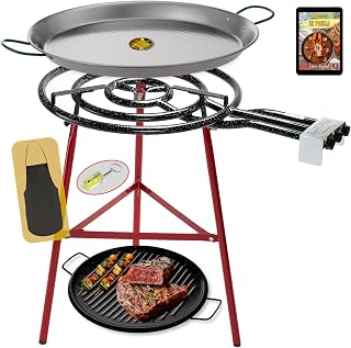 COMBOI Paellero gas butano 60 cm Kit Quemador de 3 fuegos, paellera de 70 cm + asador grill 46 cm, Soporte Patas reforzadas, nivel, delantal, libro de recetas digital.