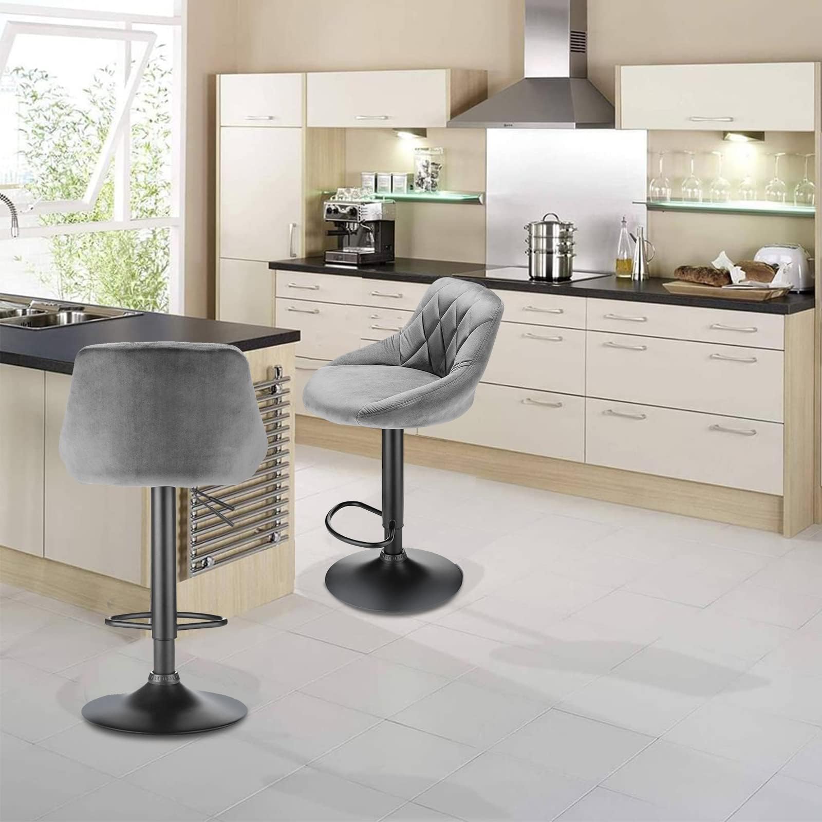 Sgabello Da Bar Regolabile Con Schienale - Sedia Imbottita In Velluto Grigio, Base In Metallo, Solido E Confortevole