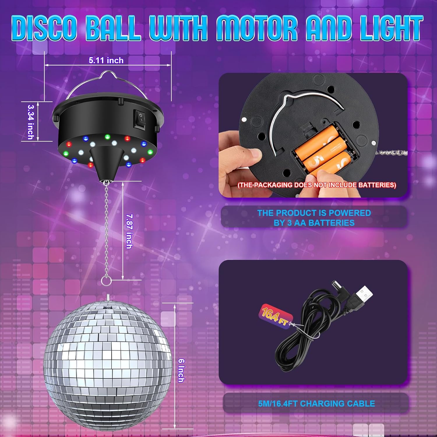 TRESSON Disco Ball with Motor and Light, 5/8/10/15 RPM Adjustable Speed Rotating Motor with 6 Inch Hanging Mirror Ball, 4 Light Colors and 18 LEDs for DJ Club, Theme Party