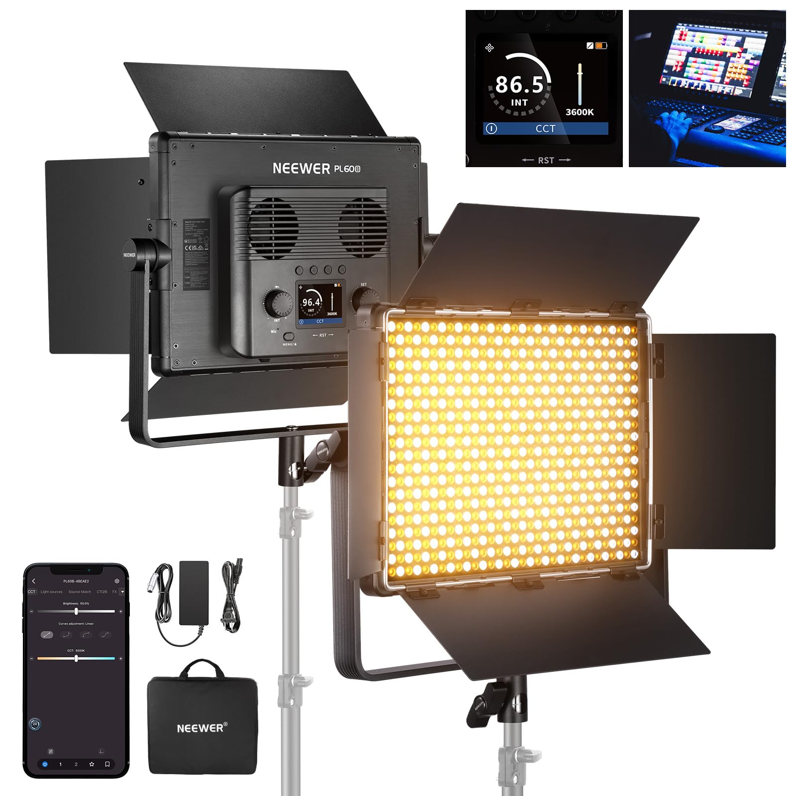 NEEWERBi Color LED Panel Video Light APP/2.4G/DMX Control, 60W 26600Lux/0.5m 2500K-8500K 13 Scenes V Battery Powered, Lighting for Studio Photography Outdoor Photo Recording Makeup Streaming, PL60B