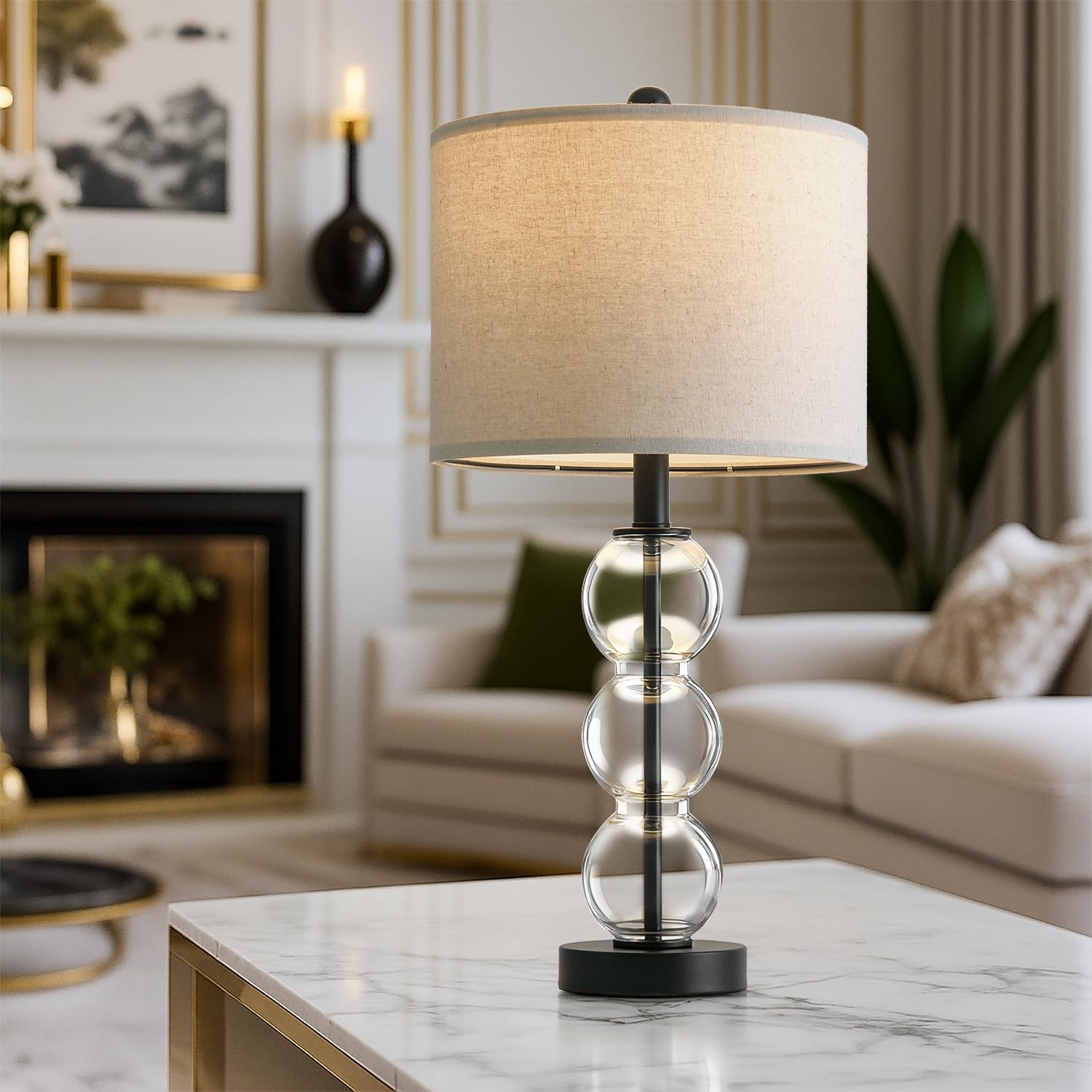 Oneach 25" Glass Table Lamps Set of 2, Black Modern Table Lamps with USB Ports for Living Room, Linen Shade Bedside Lamps for Bedroom, Nightstand, Side Table (Bulbs not Included)