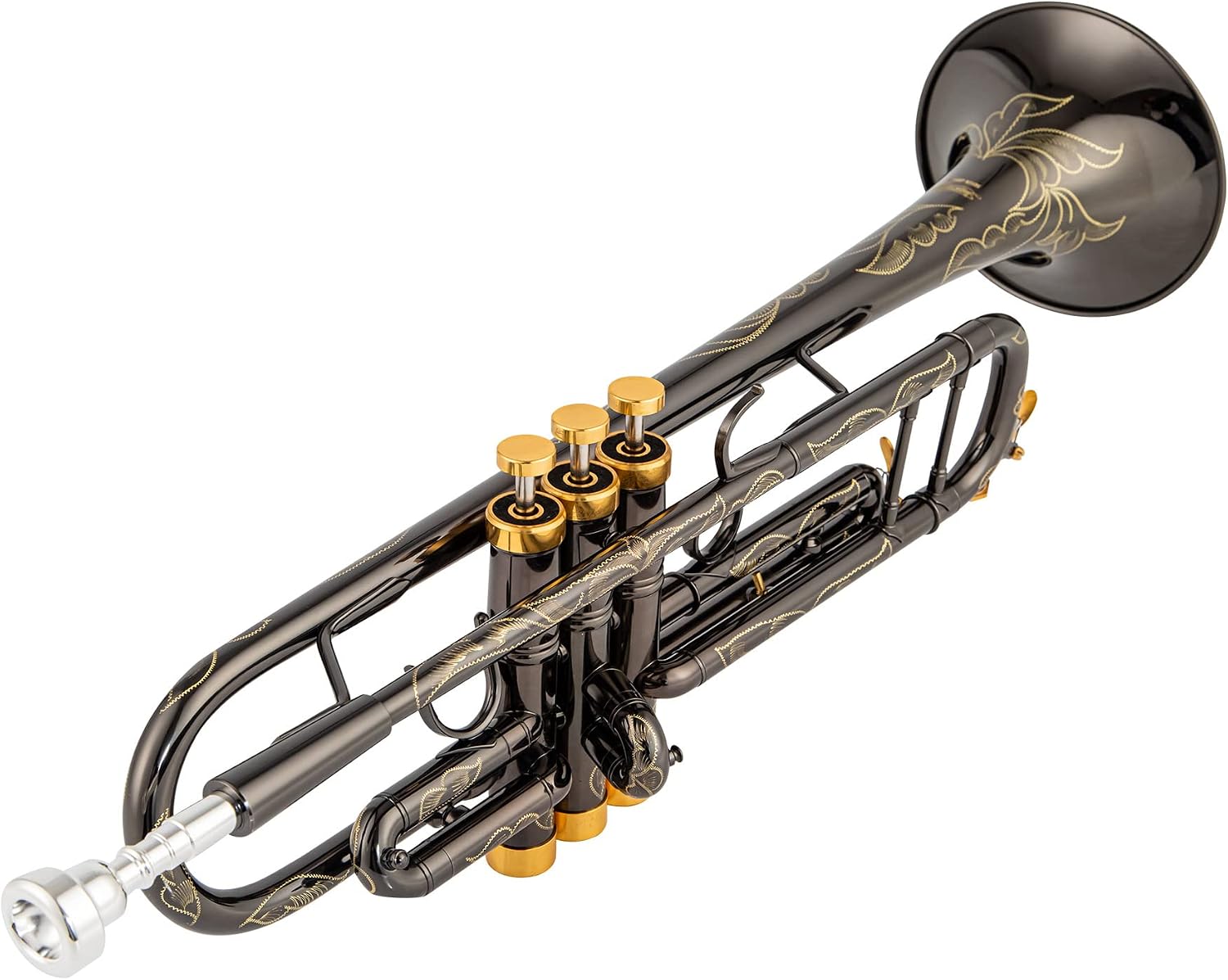 Singer's day SDTR-2019B Heavy Duty Black Nickel and Gold Trumpet with Whole Body Hand Engraving Flower