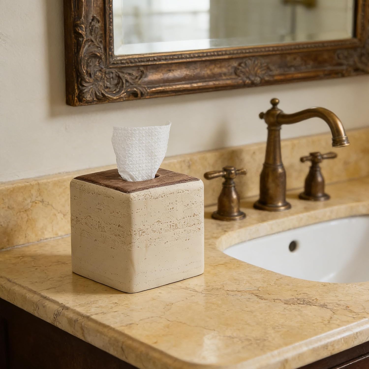 Natural Travertine & Wood Textures Tissue Box Cover Square for Home Decor,Resin Heavy Tissue Box Holder for Bathroom Countertop,Tabletop,Bedside Table,Office (Handmade of Resin)