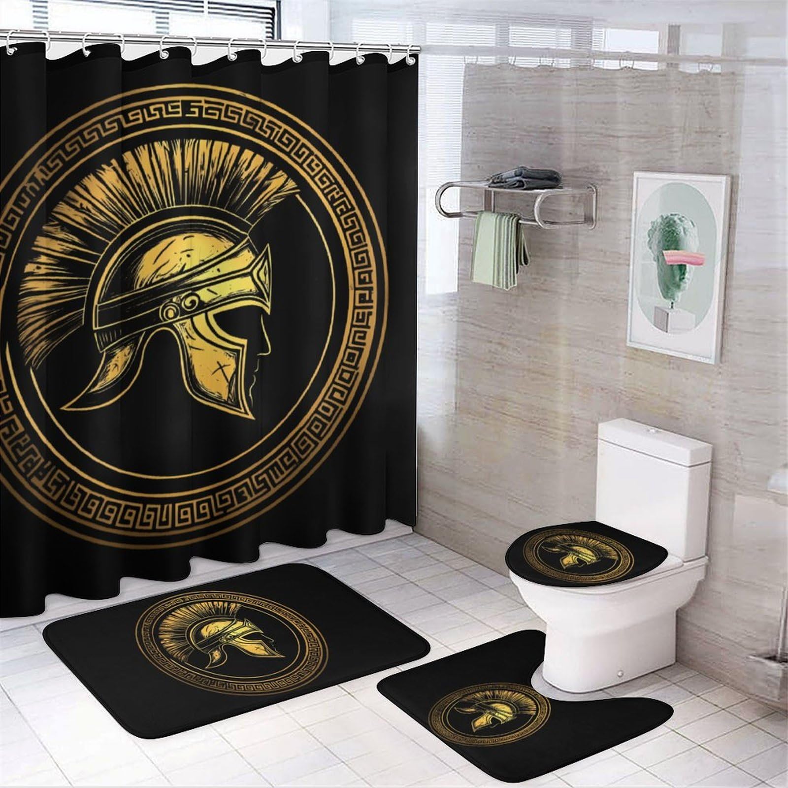 CGSBNGHA Golden Greek Helmet Spartan Shower Curtain Set 4 Piece Bathroom Sets with Rugs Toilet Lid Cover And U-Shaped Floor Mat