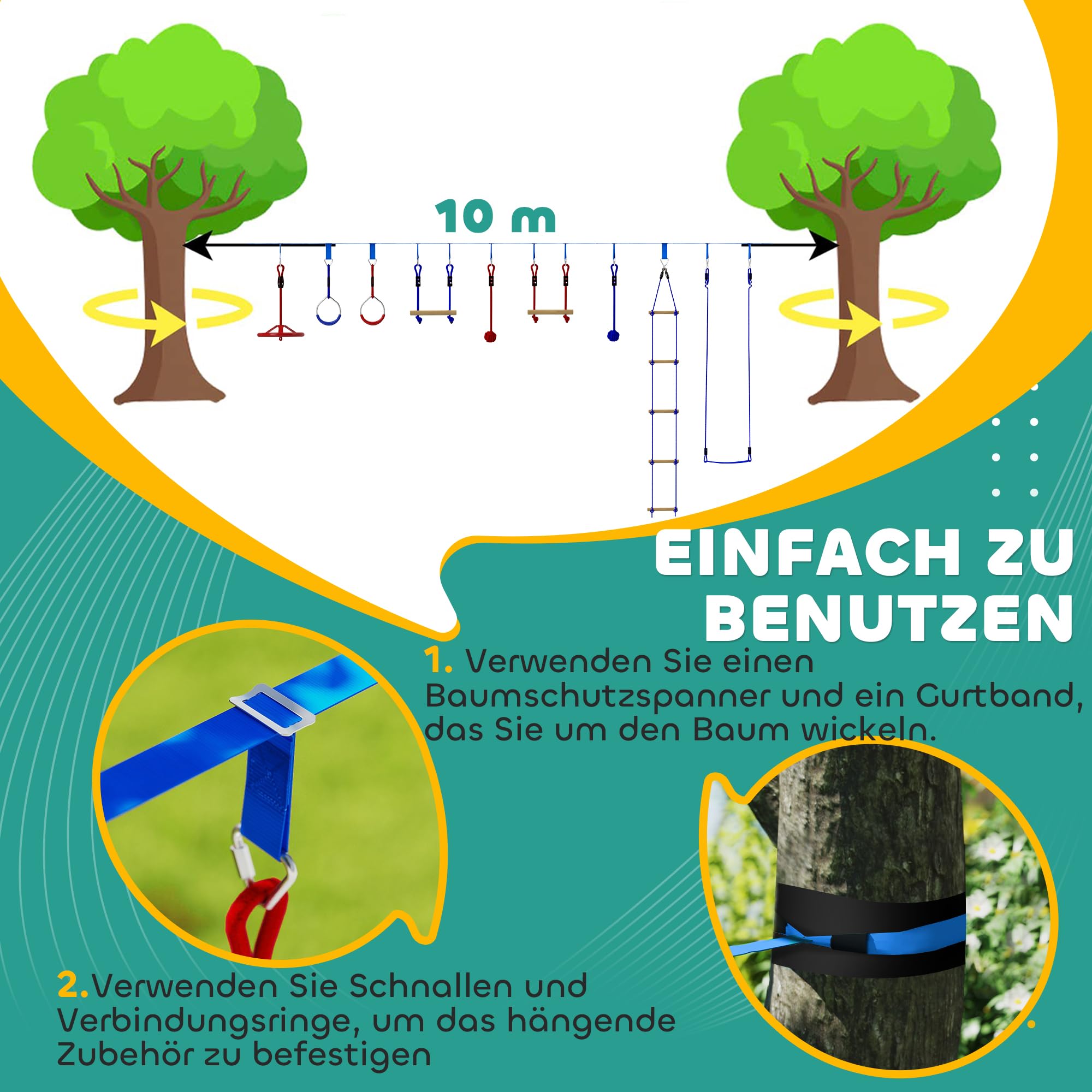 AIYAPLAY Ninja Line Kinder 10m Slackline Set mit Turnringe, Schaukel, Kletterleiter, Baumschutz, Kletterstangen, Hängetablett Outdoor Spielset Ausrüstung für 3-6 Jahre Kinder Blau+Rot