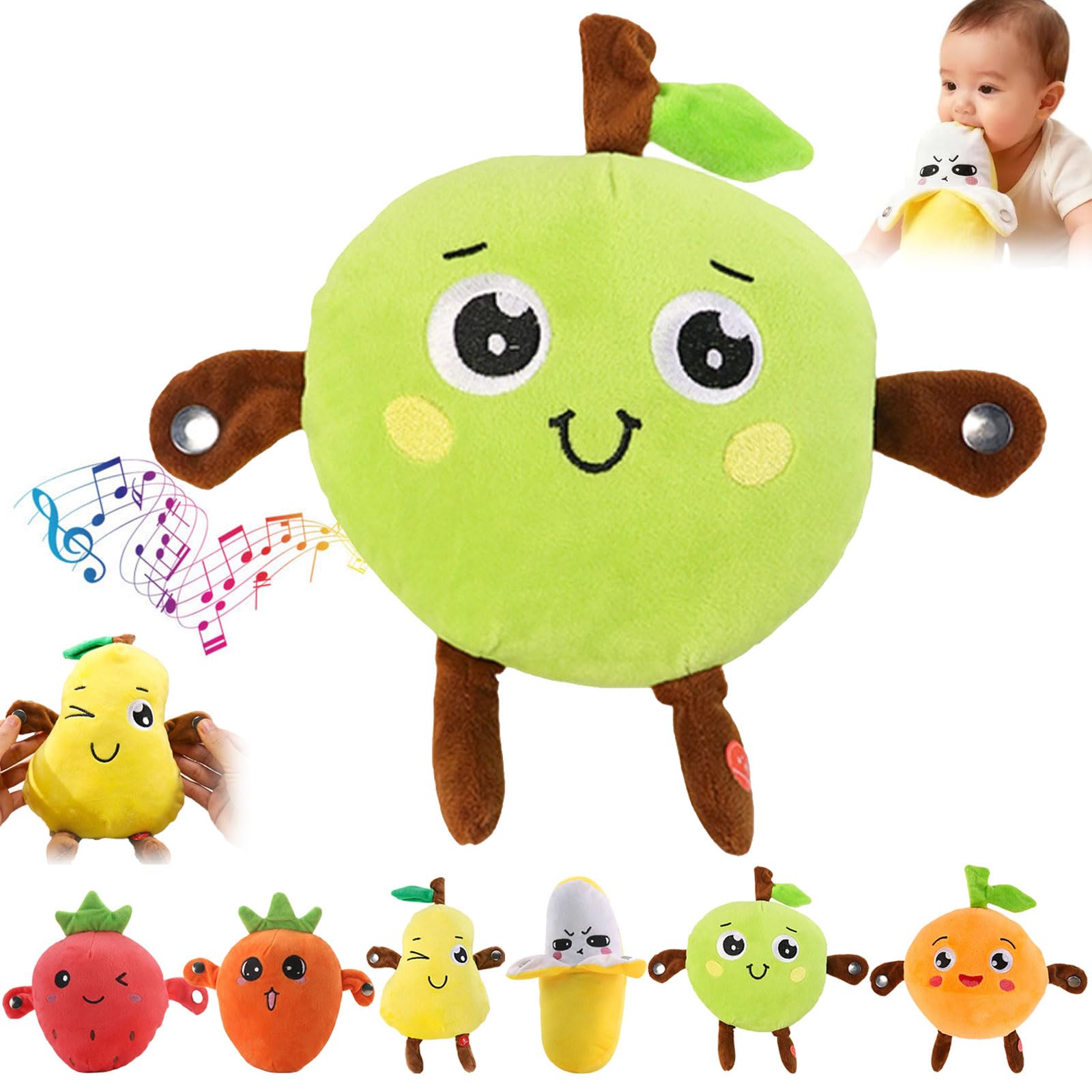 25cm Interactive Musical Fruit Plush Doll Toy, Banana Plush Musical Sensory Toy, Strawberry Plush with Piano and Metronome Sounds, Parent-Child Play Fun, Gifts for Boys & Girls (GreenApple)