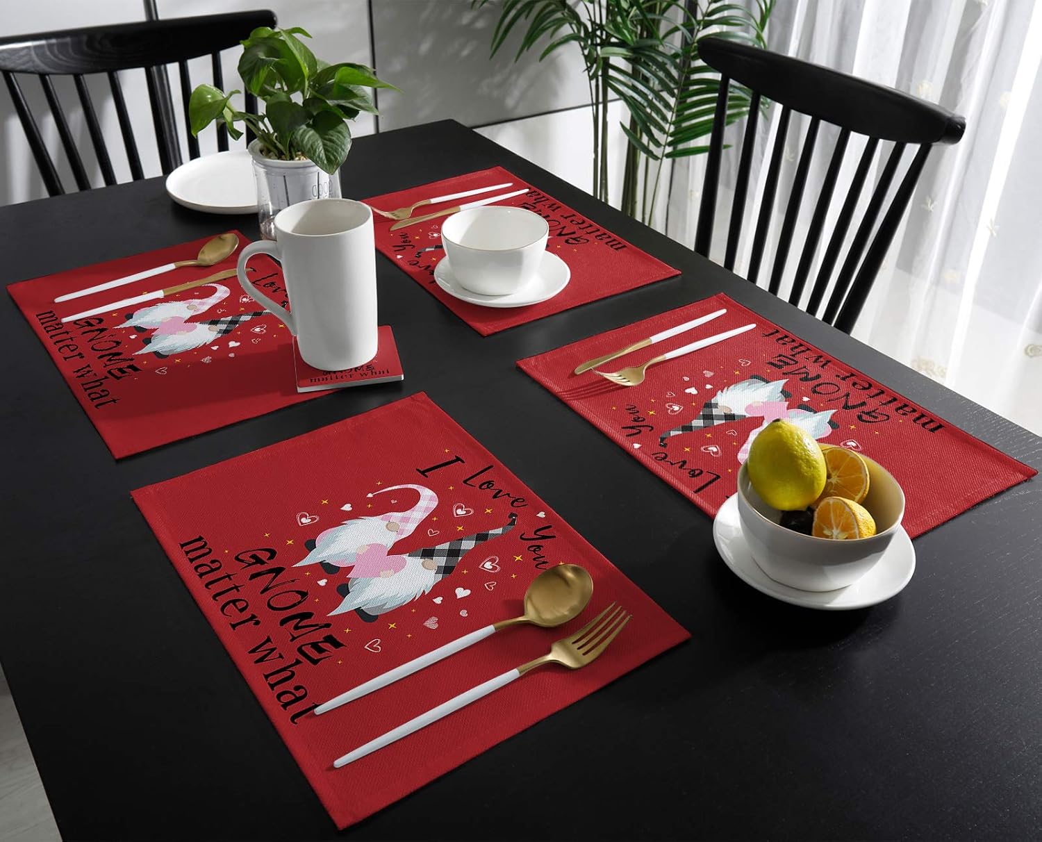 Valentines Placemats 6pcs Hearts Pattern Gnomes Couple Table Mats for Dining Table I Love You Red Table Mats Cotton and Linen Washable 12x18in