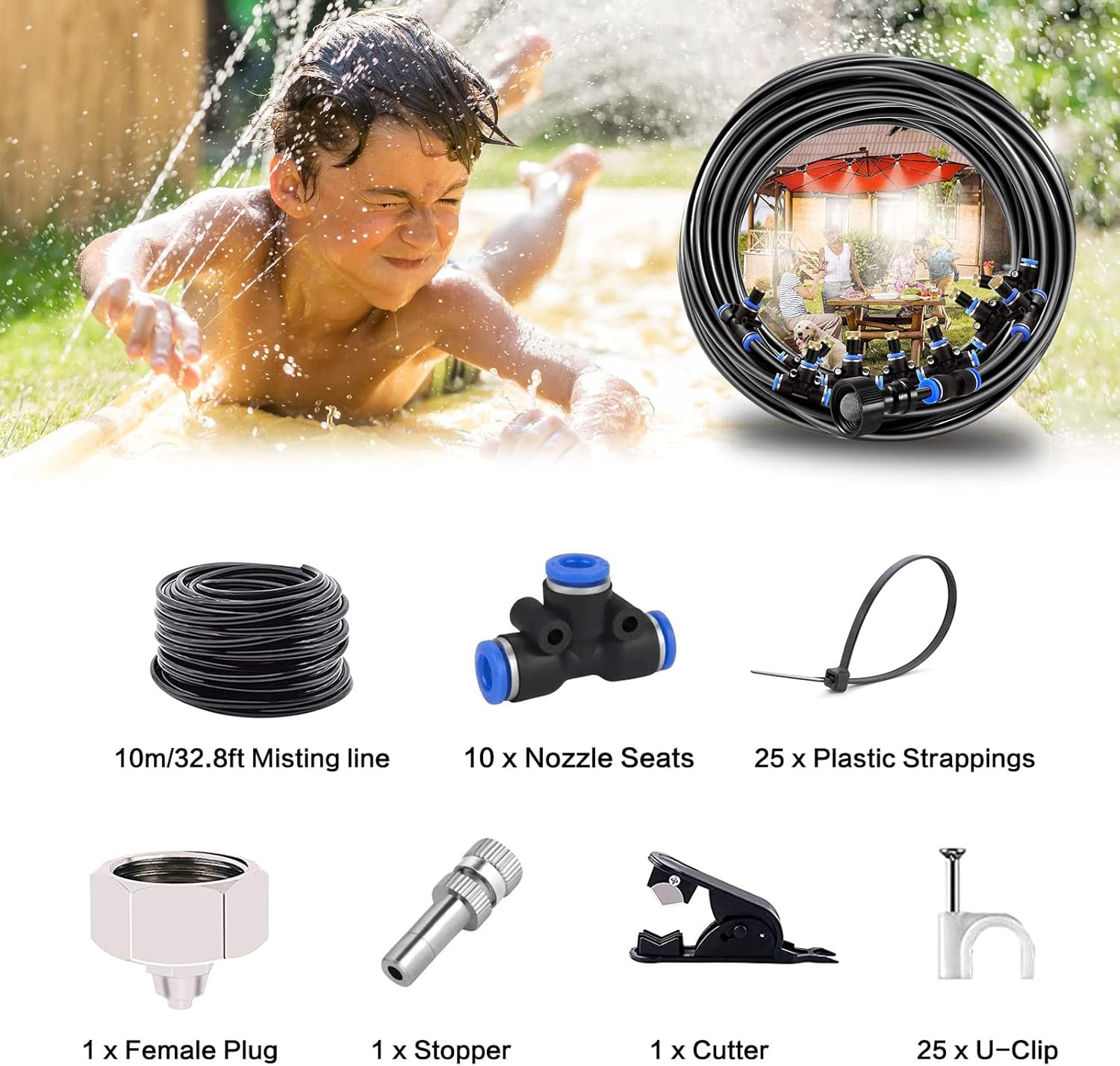 Misting Cooling System, Outdoor Misters Cooling System, Misting Line for Backyard, Garden, Greenhouse, Umbrella,10m/32.8ft