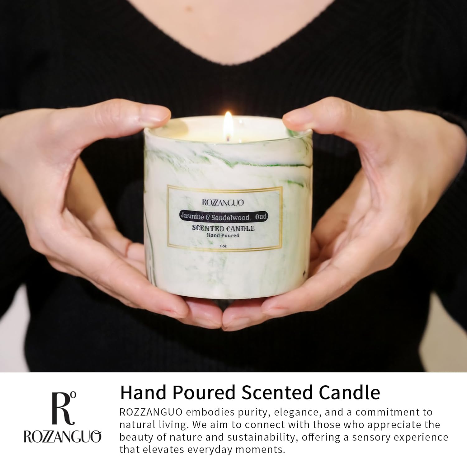 Luxury Marble Jar Scented Candle | Women Men | Non Toxic 100% Natural Coconut & Soy Wax Blend Cotton Wick | 7oz | Hand Poured Highly Scented Long Lasting | (Jasmine & Sandalwood, Oud)