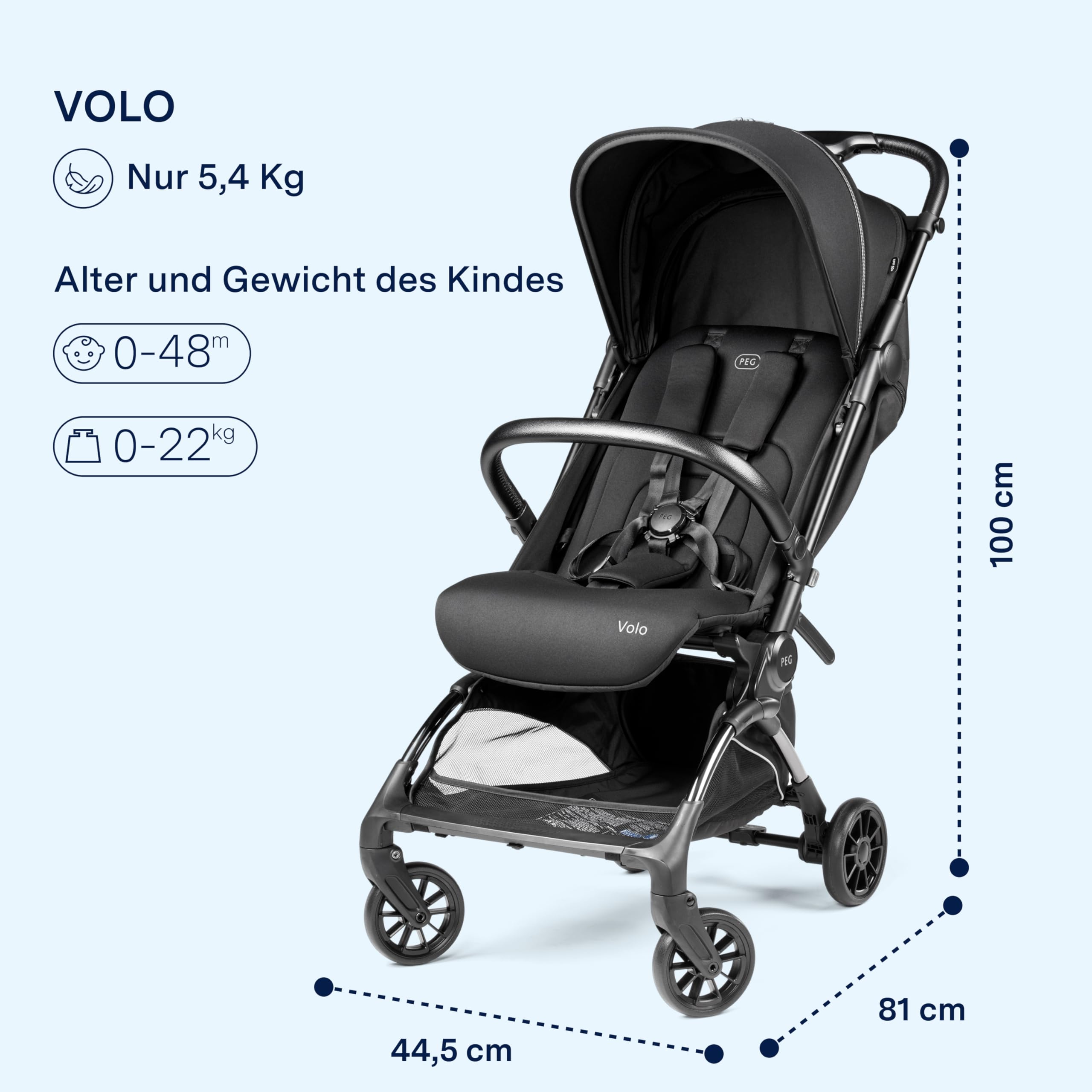 PEG Leichter Buggy Volo mit Regenschutz, Handgepäckgröße, Flugzeuggeeignet, Kompakt, Ab Geburt bis 22 kg, Reisetasche Inklusive, True Black
