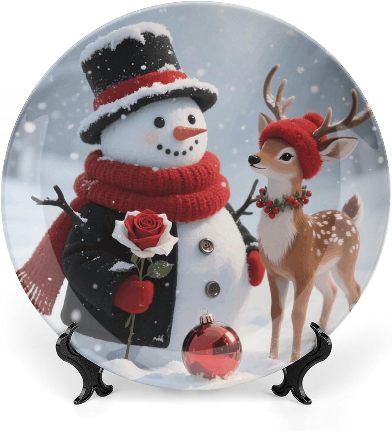 Christmas Snowman And Reindeer Decorative Plates Bone China Plates with Stand for Display 10inch Round Ceramic Dinner Plates Dessert Plate for Kitchen Party Coffee Table Decor Art