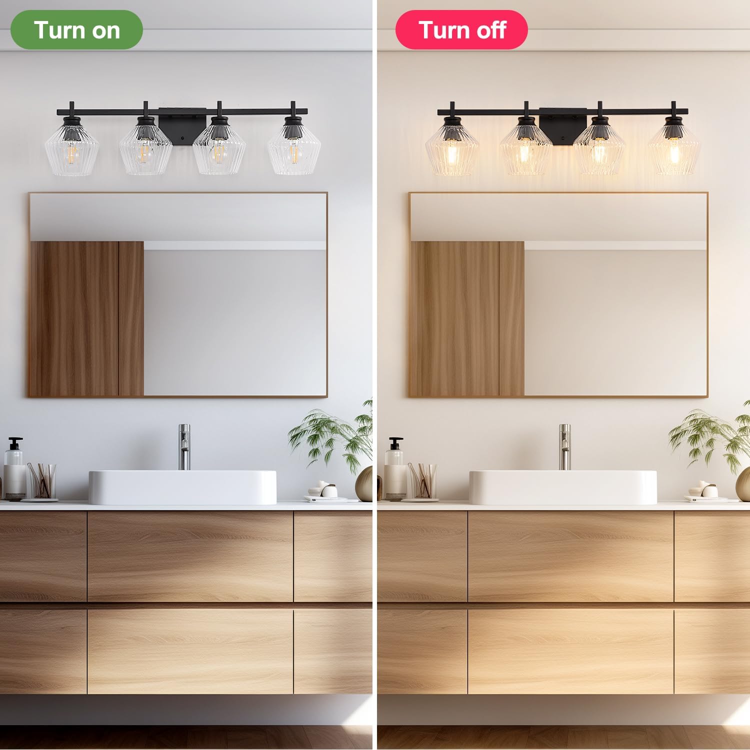 30.35in Modern Bathroom Light Fixtures, 4 Light Vanity Light, Black Wall Lamp with Ribbed Wine Glass Shades, Bathroom Wall Sconce Lamp for Mirror Living Room Bedroom Hallway