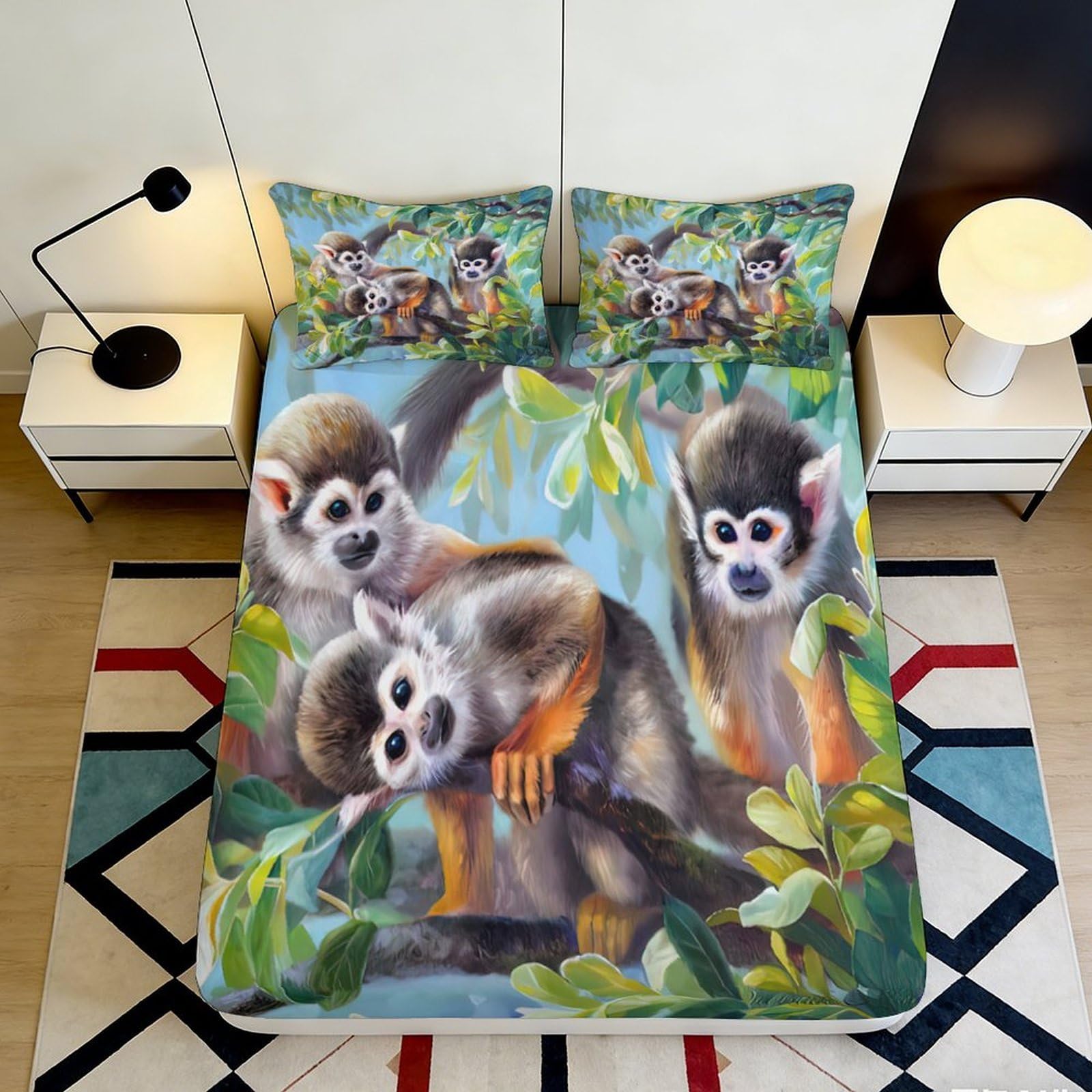 3D Printed Monkey Jungle Fitted Sheet Microfiber Soft Breathable Animal Forest Bed Cover for Bedroom Dorm 90x200x25cm