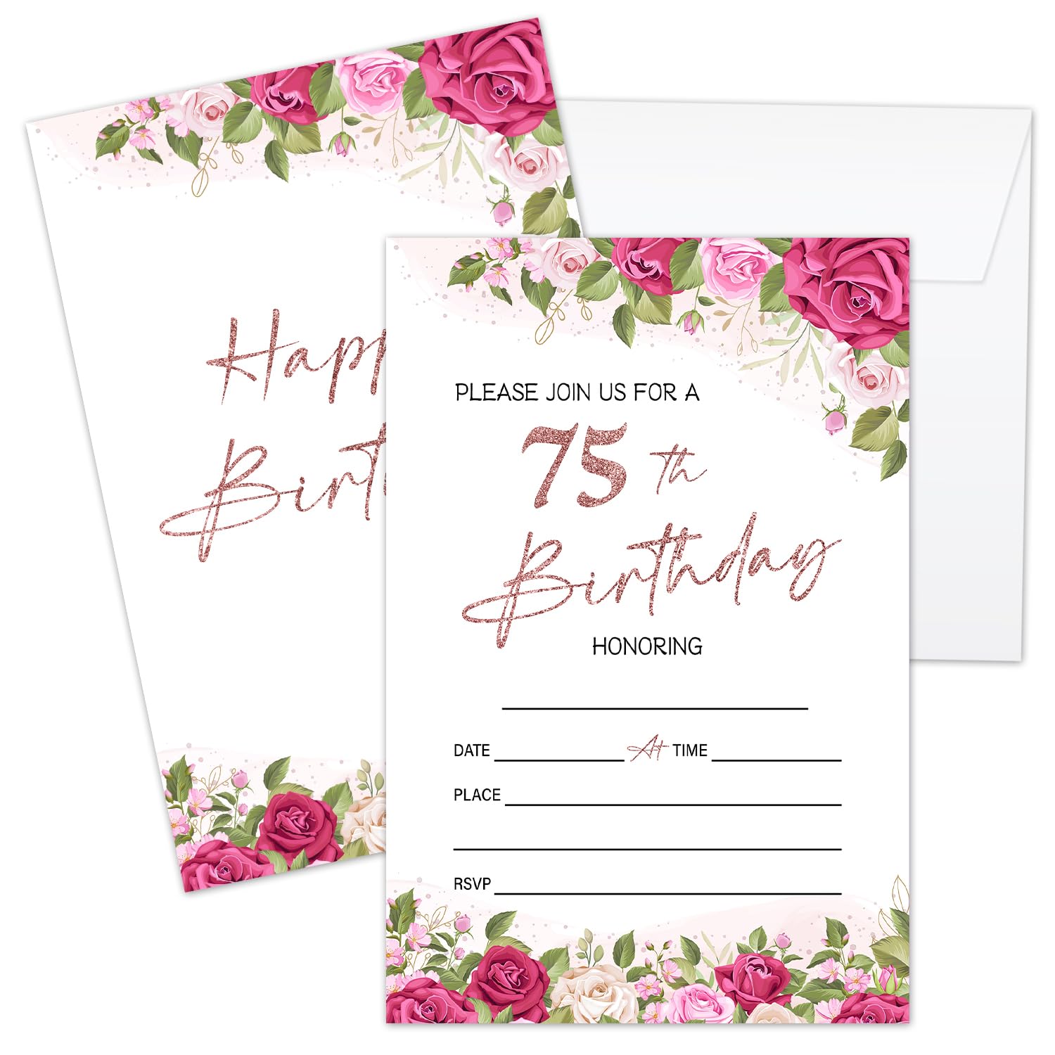 Zyoge 75th Birthday Invitations, 75 Years Old 20 Set Double-Sided Blank Invites Cards & Envelopes For Women Men Adults, Floral Birthday Party Favor