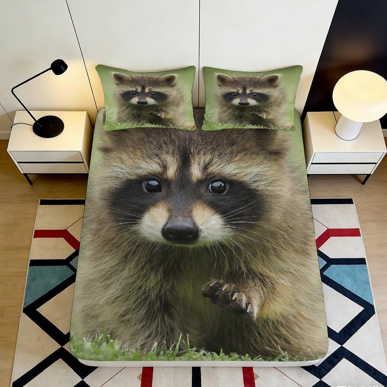 3D Printed Raccoon Forest Fitted Sheet Microfiber Soft Anti-Slip Animal Bed Cover for Bedroom Dorm Decor 90x200x25cm