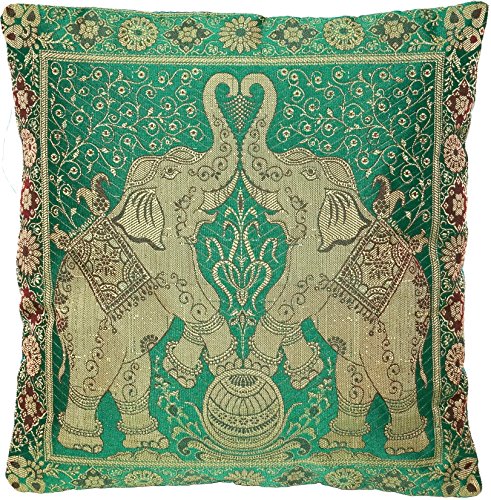 Grün Indische Banarasi Seide Deko Kissenbezüge 40 cm x 40 cm, Extravaganten Elefant Design für Sofa & Bett Dekokissen…