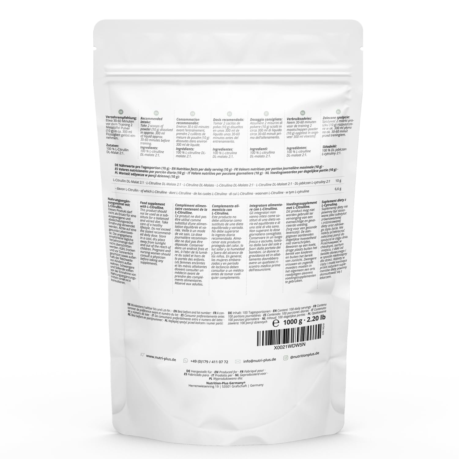 nutri+ L-Citrulline malate en poudre 1 kg - hautement dosé + végétalien + pur - booster de musculation + fitness - L-Citrulline malate DL 2:1 Powder - qualité premium issue de la fermentation végétale