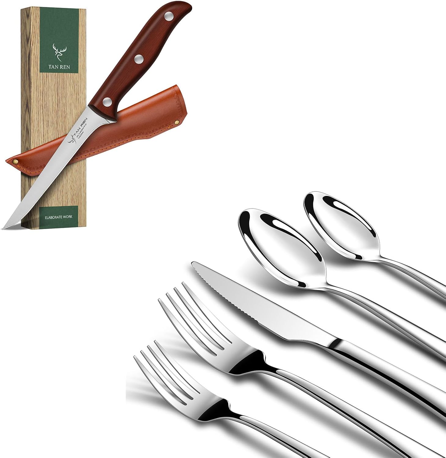 TAN REN 5 Inch Boning Knife for Meat Cutting and Silverware Set for 8, 40-Piece Stainless Steel Flatware Sets