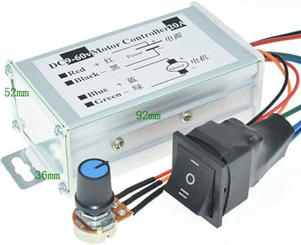 DC Motor Speed Controller DC 9-60V Pulse Width Modulation Regulator 20A 1200W Stepless Variable Speed/Forward and Reverse with Knob & Button Switch
