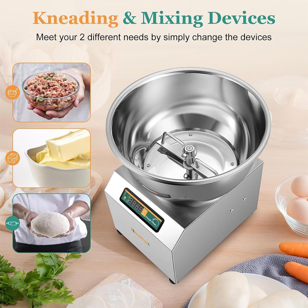 1800W Commercial Dough Maker, 5/8KG(11/18LBS) Electric Dough Kneading Machine Stand Bread Mixer, Constant Temperature Heating, Dual Rotation, for Pizzeria & Bakery,5KG