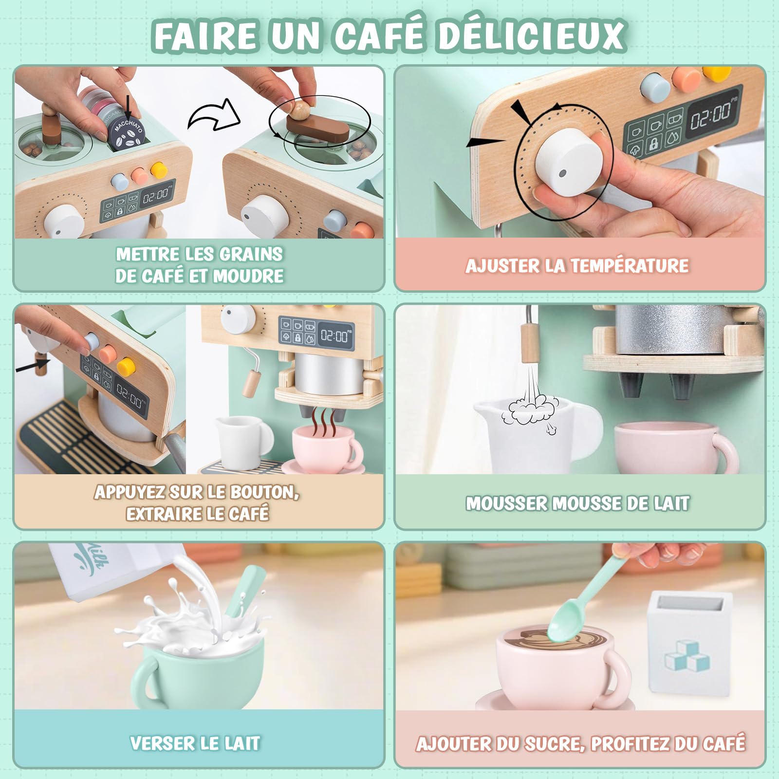 YOOHBERRYS Cafetière en Bois, 22 Pièces Machine à Café en Bois pour Enfants, Jouets de Jeu de Rôle Barista avec Moulin, Accessoire Jeux de Cuisine Service à Café Enfant 3+ Ans