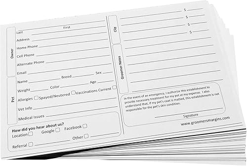 Tarjetas de aseo para perros (paquete de 100 tarjetas de 8 x 5 pulgadas) para peluqueros profesionales de mascotas y gatos, cuidado de perreras