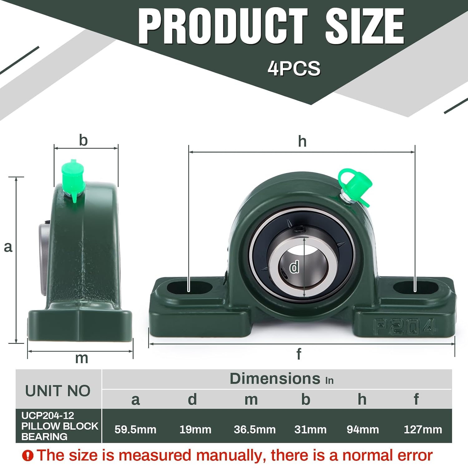 Gisafai 4 Pcs Ucp204-12 Pillow Block Bearing with 3/4" Bore Flange Mounted Pillow Block Ball Bearing Self Alignment Cast Iron Housing Steel Unit for Industry, Green