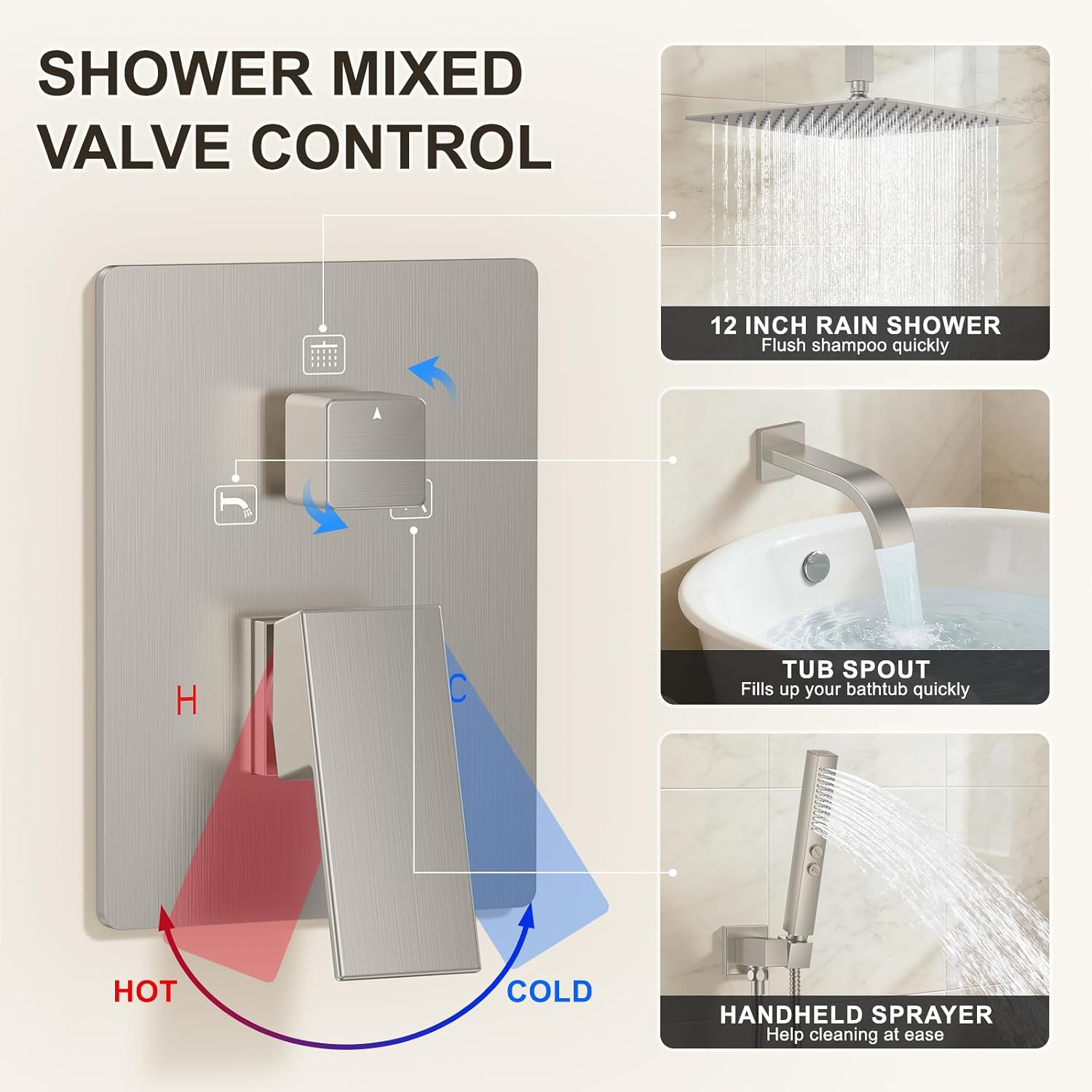 Brushed Nickel Shower System with Tub Spout, Ceiling Mounted Bathtub Shower Faucet Set, 12" Rainfall Shower Head and Handheld Shower Combo, High Pressure Shower Fixtures Set with Rough-in Valve