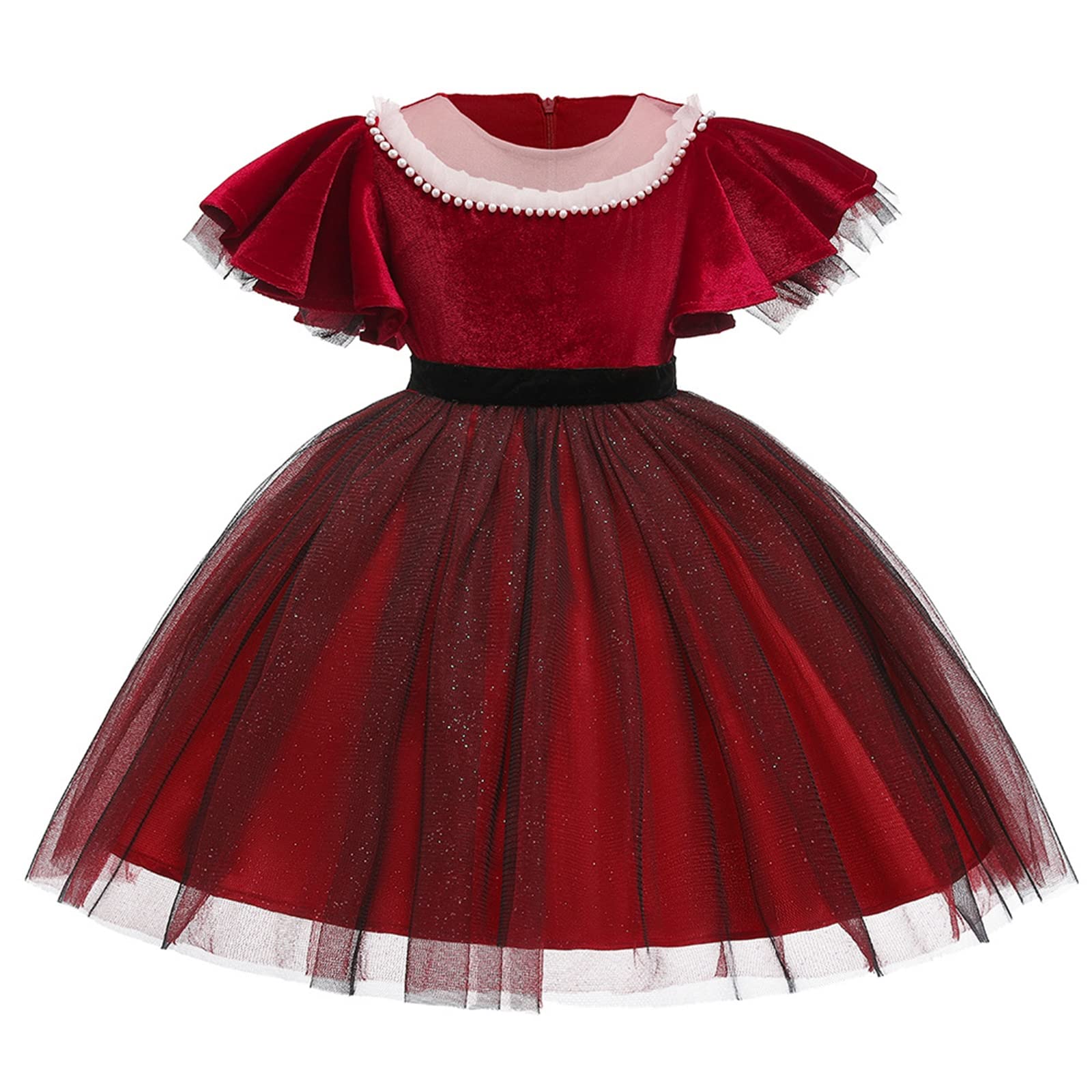 Gualiy Vestido para niñas, vestido de baile de graduación de 4 a 10 años, mangas con vuelo, vestido de tul negro con cuentas y manga corta