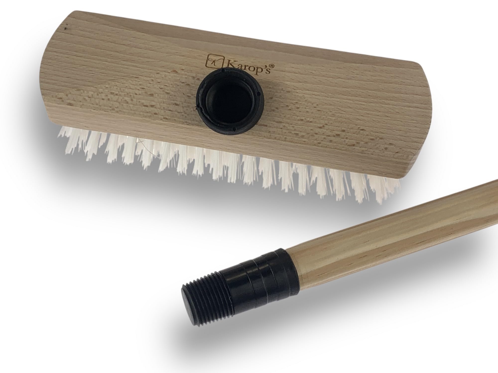 Balai Brosse Lave-Pont Nylon Blanc Haute qualité | Manche Bois 1,25 m | Monture Bois | pour Laver récurer ponts terrasses carrelages sols Tapis | Gamme KAROP'S | Kibros VC126110M