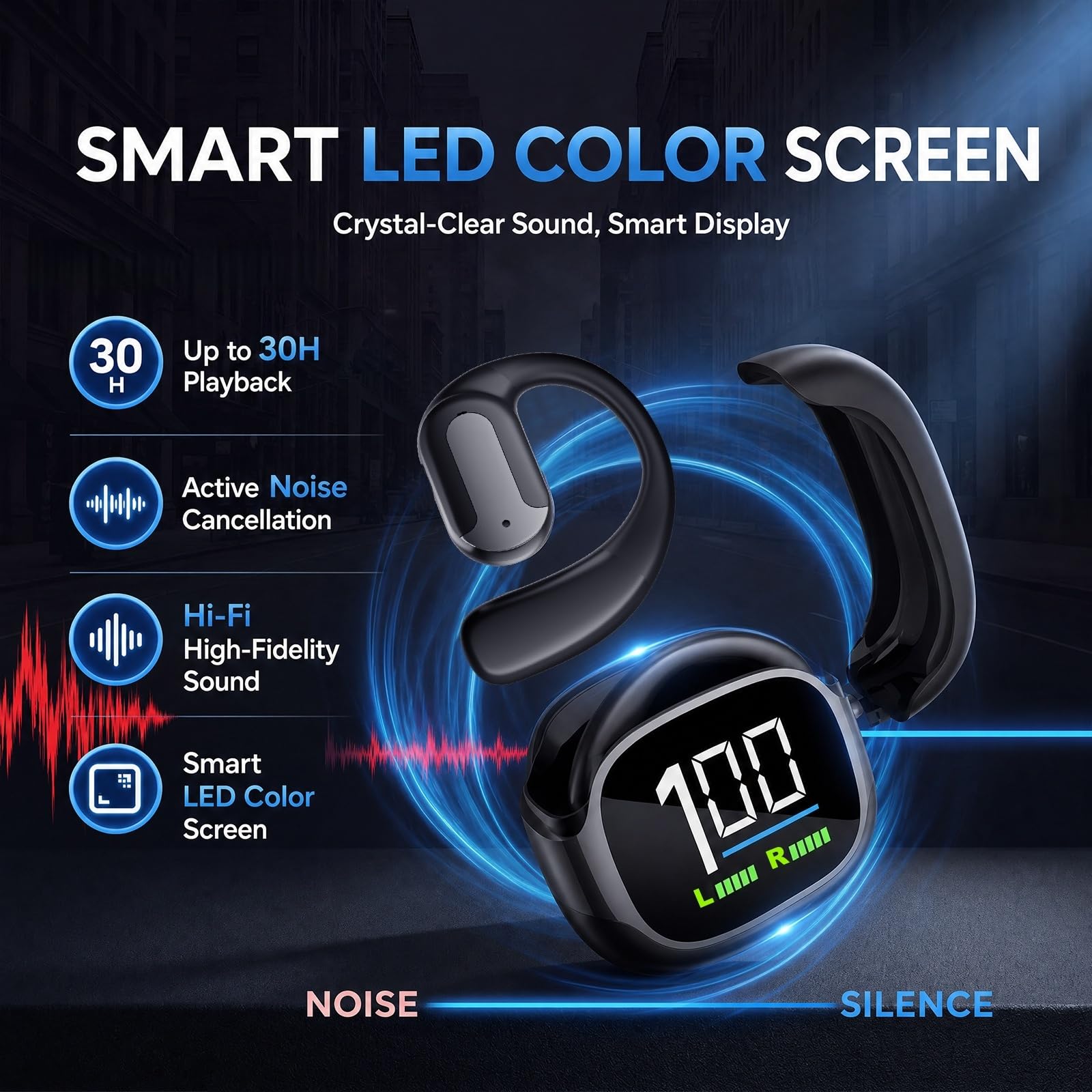 MS220 Open-Ear Bluetooth Kopfhörer mit Ohrbügel und ANC, 30 Std. Akkulaufzeit, LED-Farbdisplay, HiFi Stereo Sound, IPX5, leichte Sport Kopfhörer für Laufen, Training und Pendeln (Schwarz)