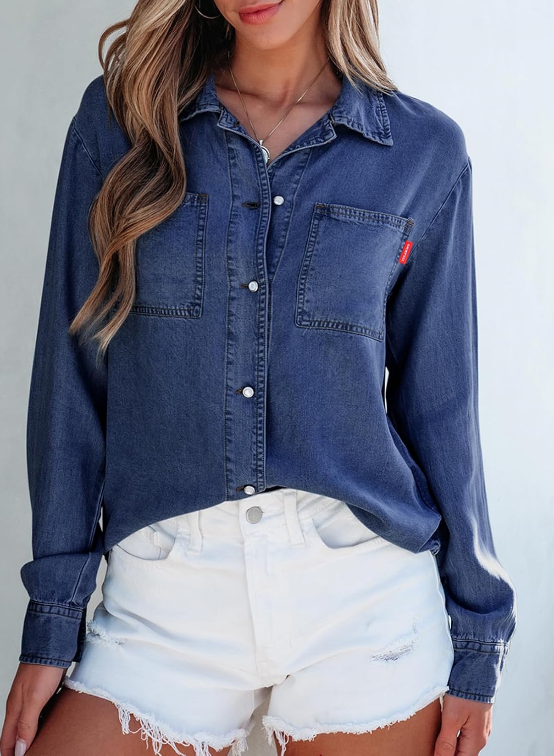 Sidefeel Women's Denim Shirts Button Down Jean Shacket Spring Outfit 2025 Long Sleeve Chambray Blouse Top - Image 4