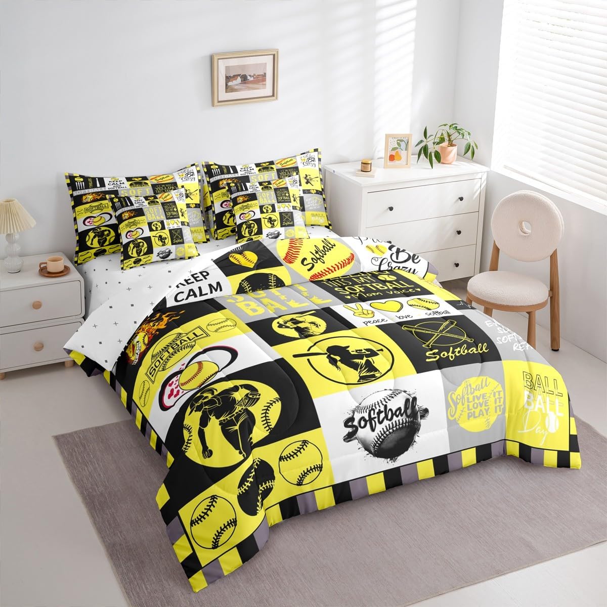 Castle Fairy Softball Reversible Comforter Set 7 Piece Twin Size,Sports Bed Sheet Set Yellow and Black Theme Comforter Sports Softball Bedding Set with Comforter,Fitted & Flat Sheet