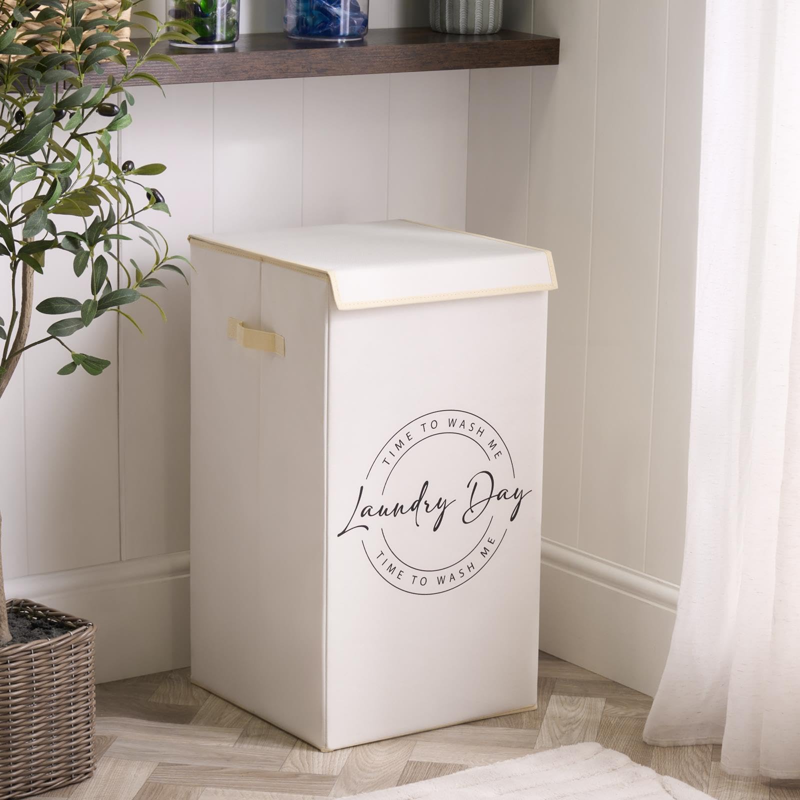 OHS Collapsible Laundry Basket with Lid, Clothes Hampers for Laundries with Handles Printed Slogan Large Foldable Laundry Bag for Bedroom Bathroom Washing Baskets, Beige - 66 x 35 x 35cm