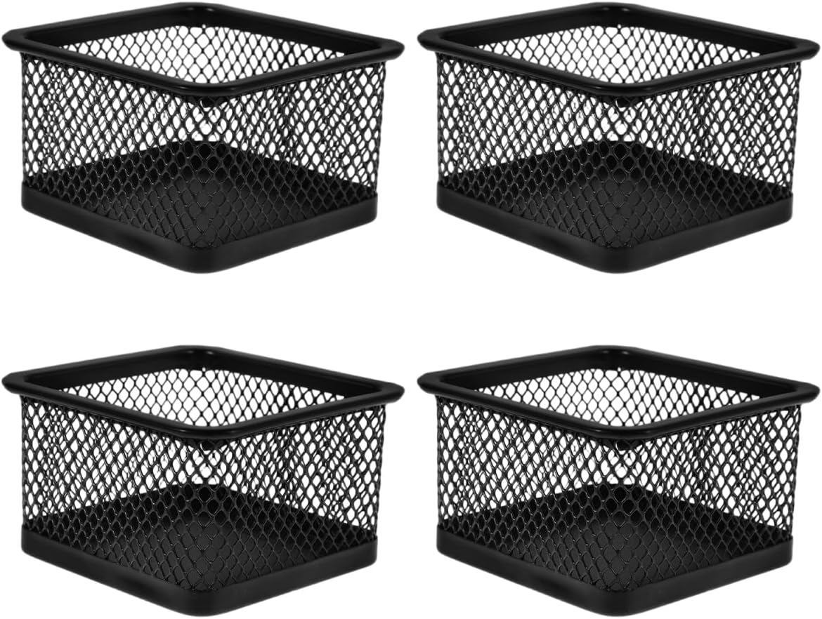 4-Pack Square Black Mesh Paper Clip Holder 3.14 X 3.14 X 1.81 in Desk Organizer Binder Clip Holder Office Storage Box for Desk Supplies Study Area Paperclip Dispenser