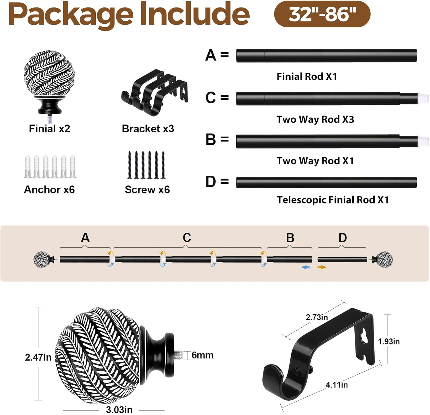 Black Curtain Rods for Windows 2 Pack, TONIAL 1 Inch Adjustable Heavy Duty Drapery Rods 32-86 Inch with Grain Leaf Pattern Finials, Boho Curtain Rod for Living Room, Bedroom, Indoor, Outdoor