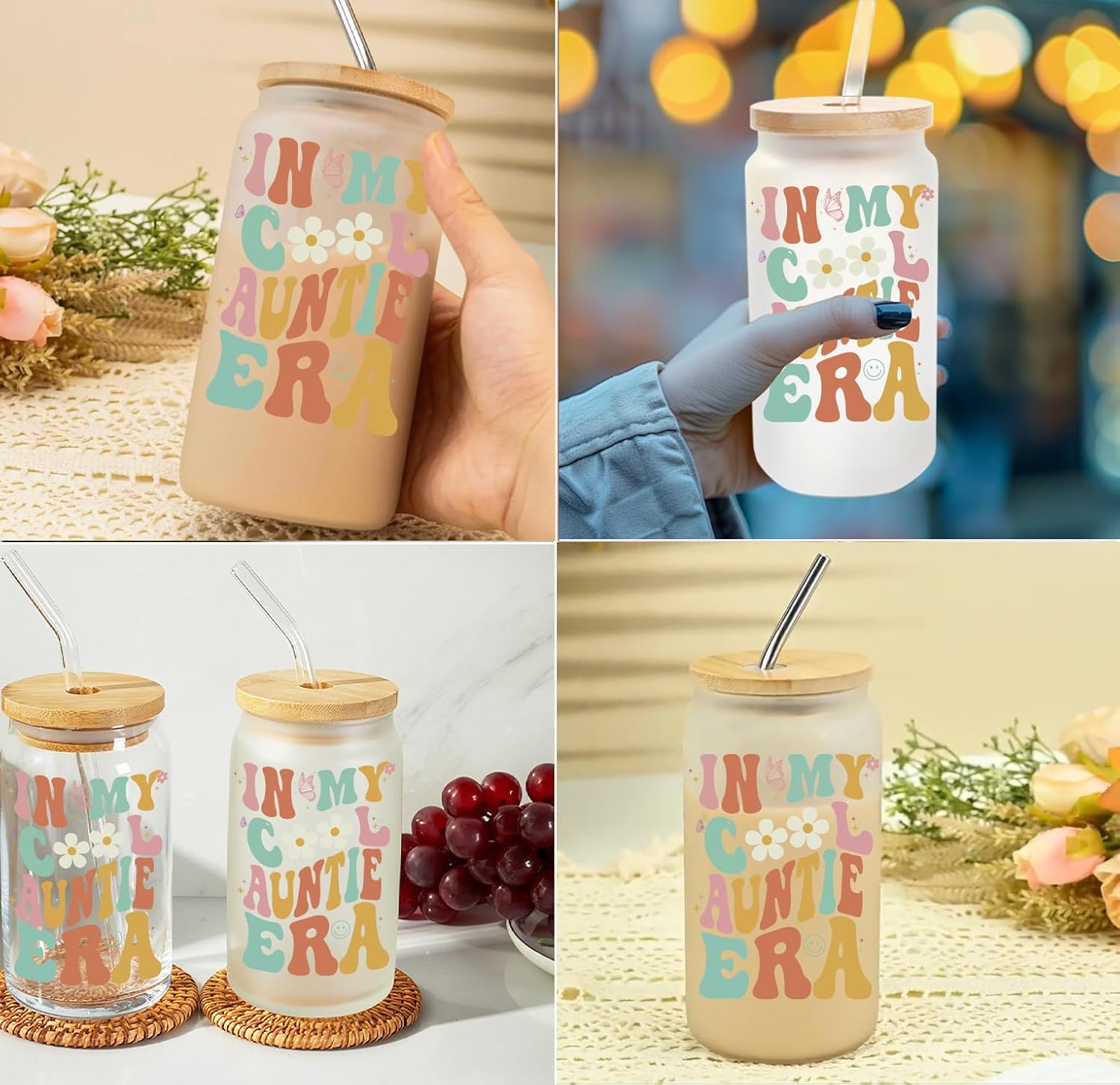 Cool Auntie Coffee Cup 16oz - Insulated Glass Mug for Iced Coffee, Funny Promoted to Aunt Gift - Birthday/Mothers Day Present for New Aunts - Cool Auntie Club -9 - Image 4