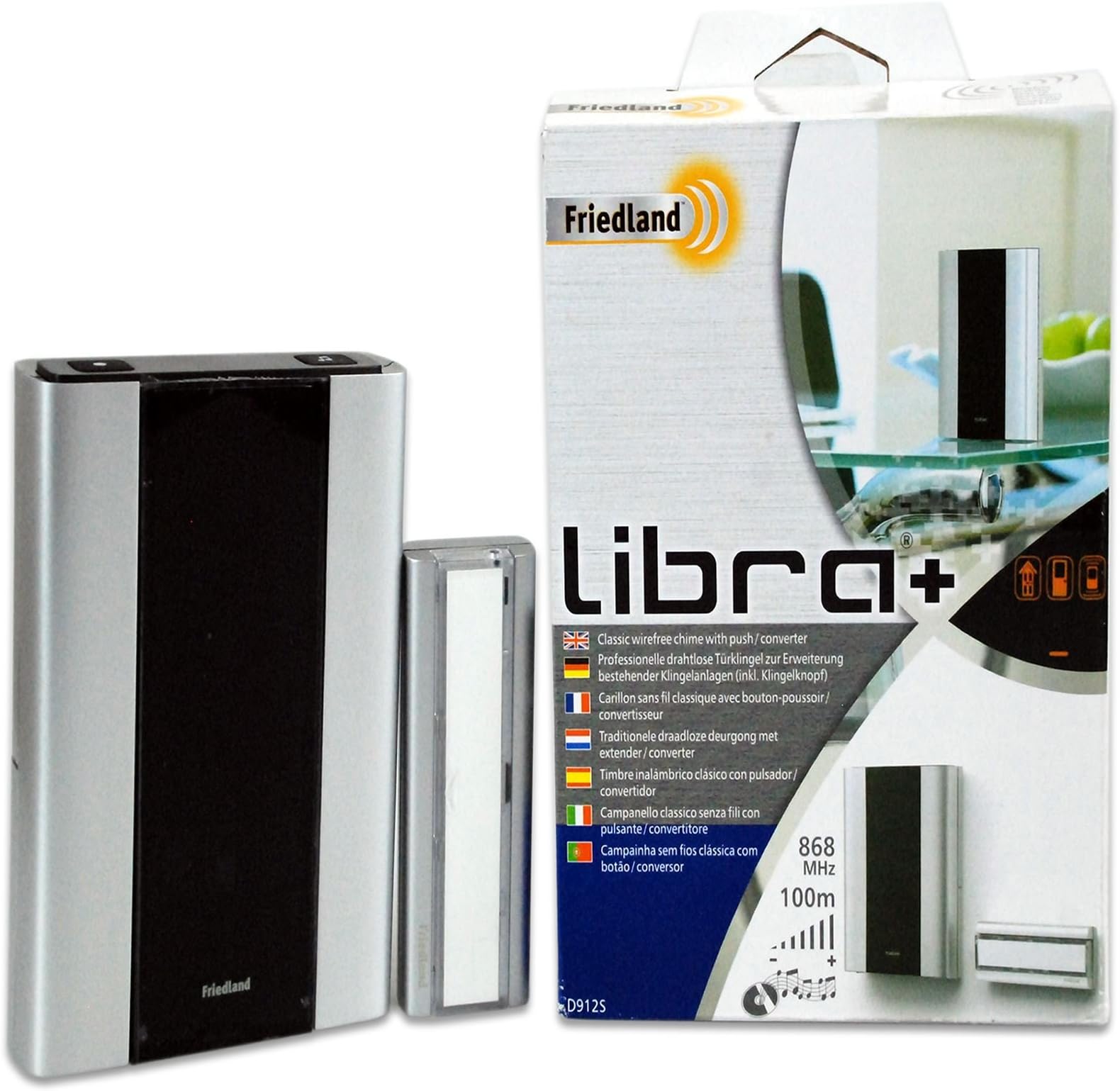 Friedlandยฎ D912S Doorman Libra+ 100M Plug Wireless LED Door Chime Door Bell Kit with 3 Channel Options Wall Mounted
