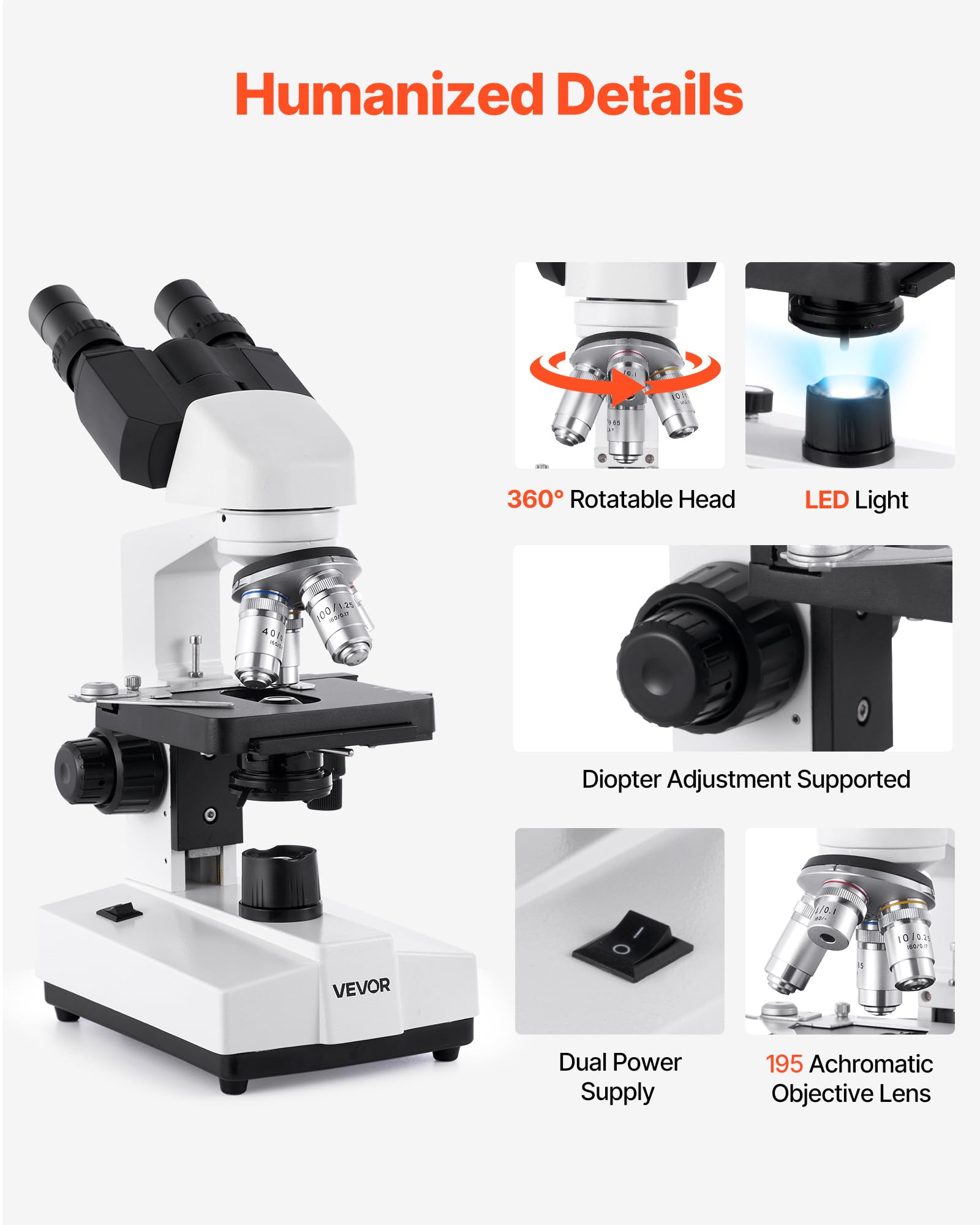 VEVOR Binokularmikroskop für Erwachsene, Profi Mikroskop-Set mit 40-5000-facher Vergrößerung & zweistufigem Mikroskop & 2 Okularsätzen, Verbundmikroskop inkl. LED-Licht & Telefonhalterung