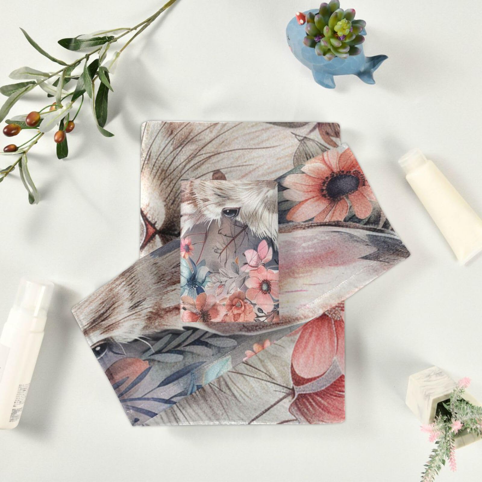 Handtuch-Set, Boho-Stil, Blume, niedliches Häschen, schnell trocknend, 3-teilig, 1 Badetuch, 1 Handtuch, 1 Waschlappen für Yoga, Badezimmer, Küche