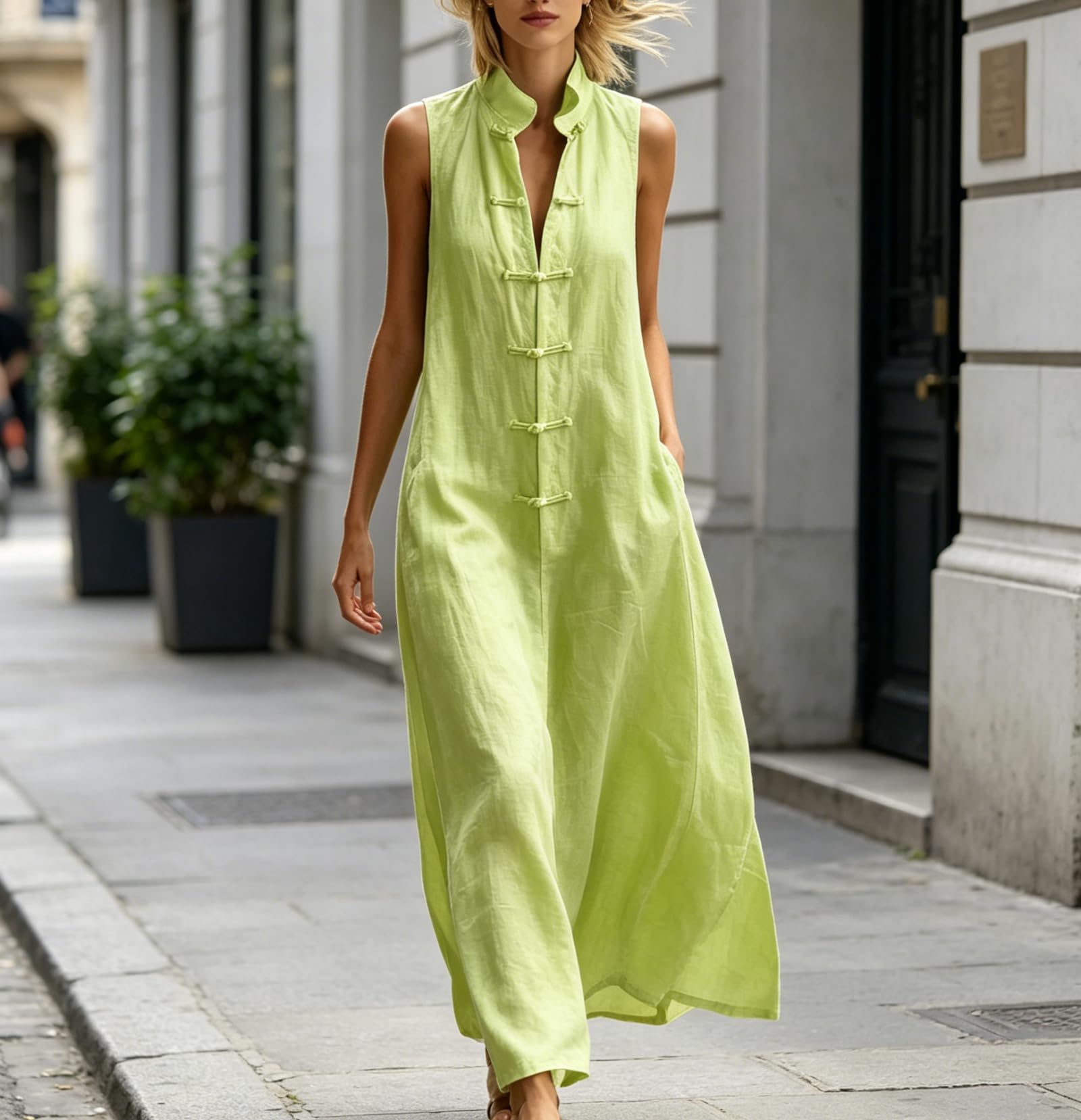 Generico Abito Lungo Estivo da Donna in Stile Boho: Modello Svasato (Linea ad A) e Ampio, con Collo alla Coreana, Senza Maniche e Chiusura Frontale a Bottoni