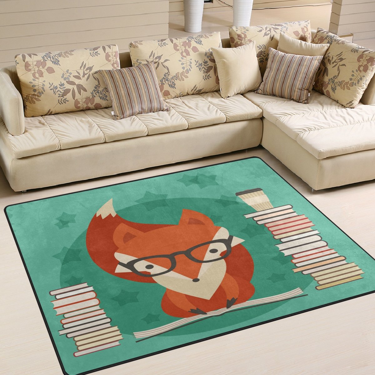 Use7 Educational Fox Reading Book Area Rug Rugs for Living Room Bedroom 160cm x 122cm(5.3 x 4 feet)