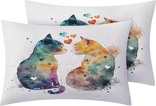 Miniatura 3 de Sábanas de gato tamaño Queen, sábanas de cama con diseño de corazón, sábanas y fundas de almohada de 4 piezas, sábana bajera ajustable de microfibra