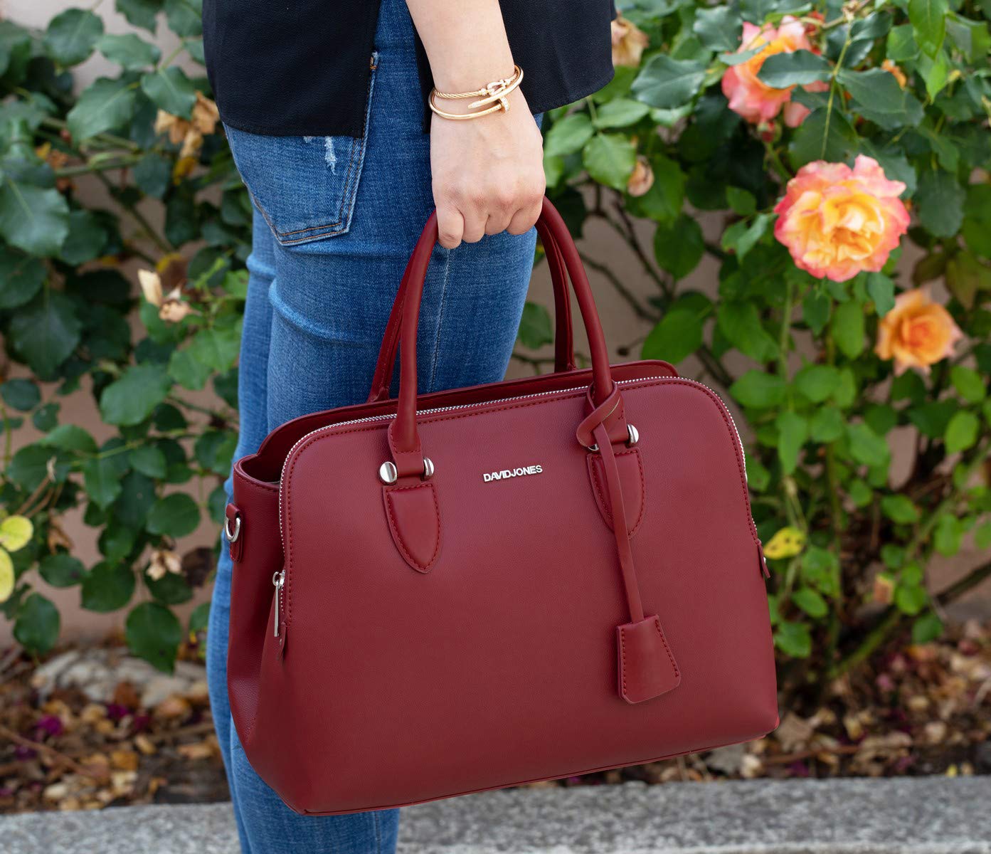 David Jones - Borsa a Mano Bugatti Elegante Donna - Borsa a Tracolla Spalla PU Pelle Molte Tasche Scomparti - Tote Shopper Bag Borsetta Grande Lavoro Satchel Cartella Manico Superiore - Rosso