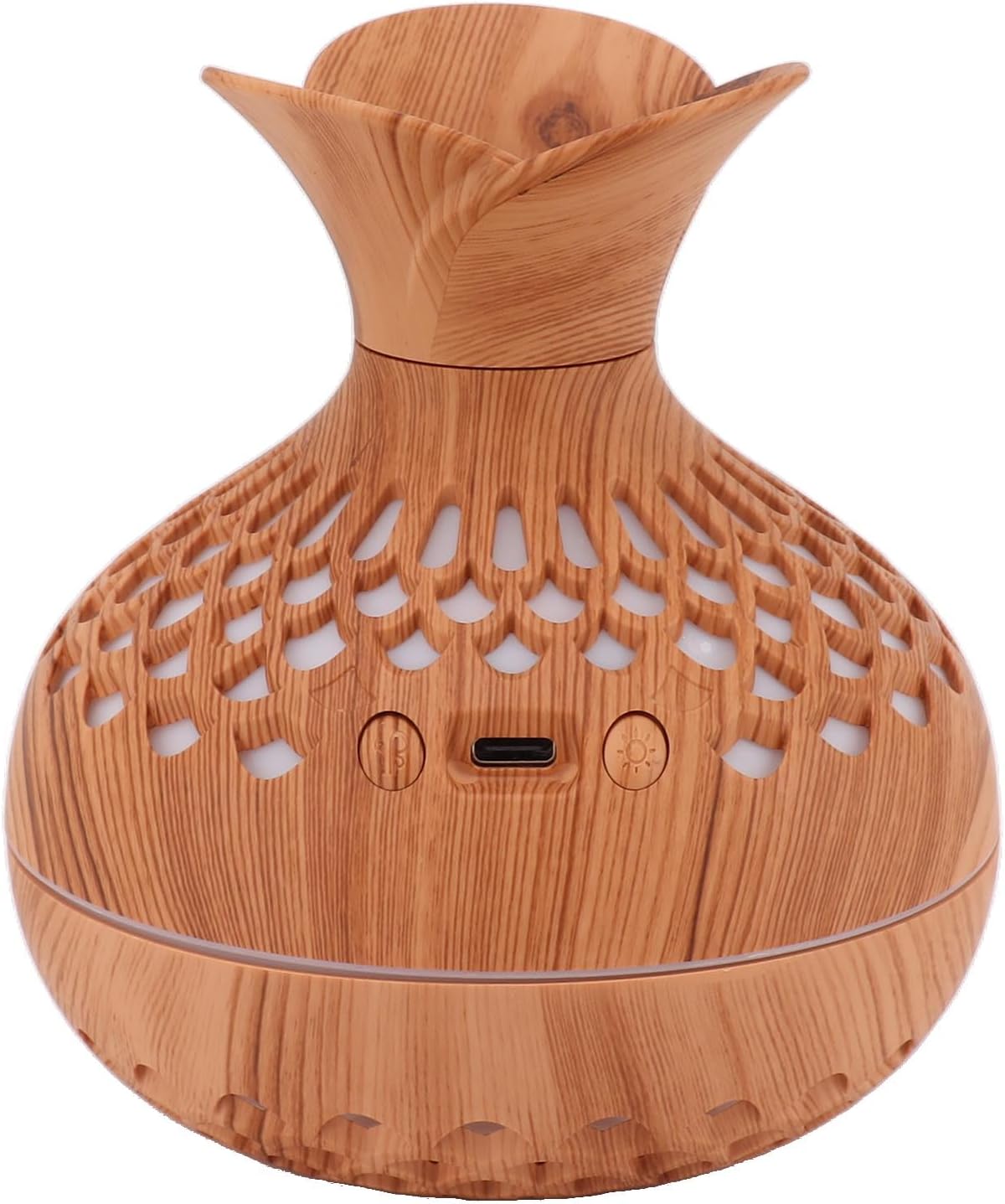 Humidifier , Flower Vase Shape Wood Grain 300ml Aromatherapy Diffuser USB Powered for Bedrooms (Amber)